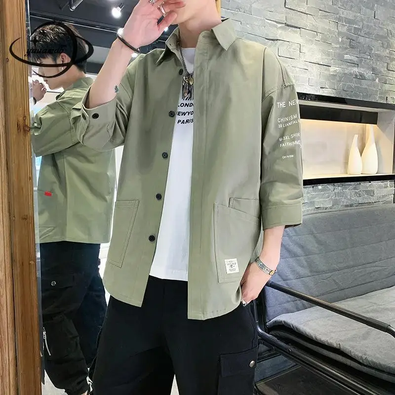 

Мужская рубашка с рукавом три четверти и отложным воротником, из чистого хлопка