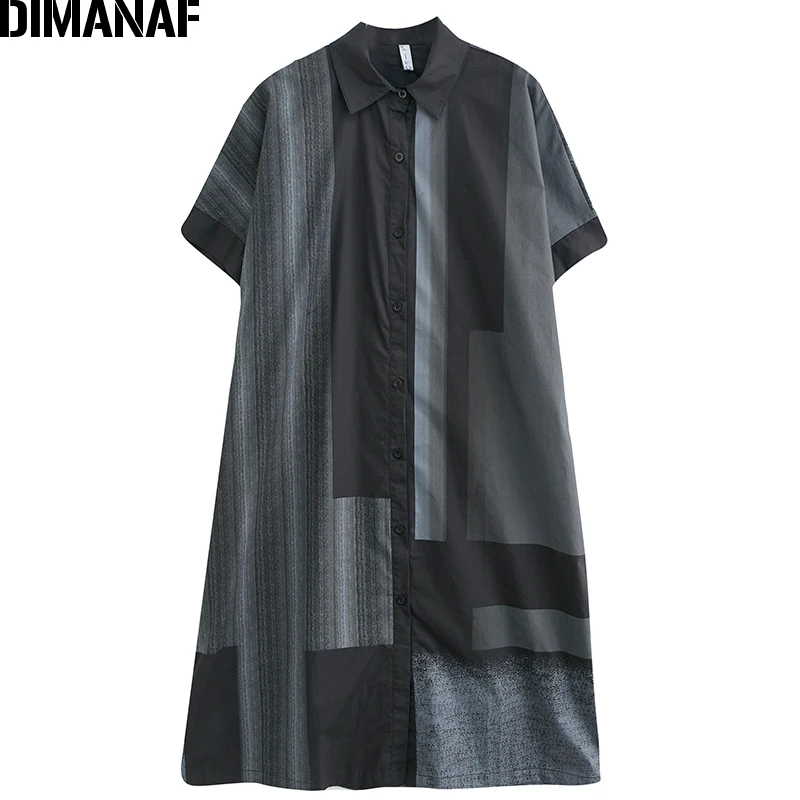 

DIMANAF 2021 Plus Size Summer Shirt Dress Sundress Women Clothing Lady Dress Cotton Vintage Black Printing Casual Long Dress 5XL