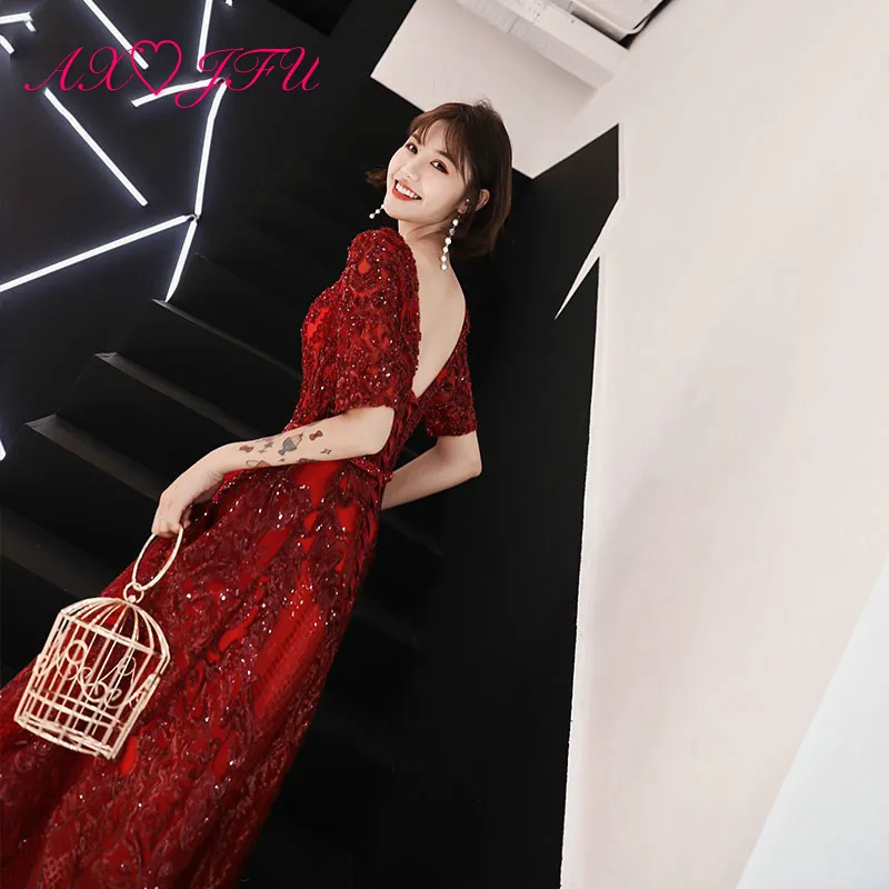 

AXJFU luxury princess wine red sparkly silvery bride evening dress vintage v neck beading crystal sexy Starry long evening dress