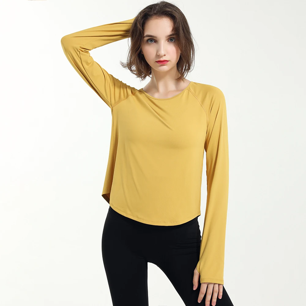 

Back Open Sport Yoga Workout Long Sleeve Shirts Women Loose Quick Dry Fitness Athletic Gym Shirts with Thumb Hole