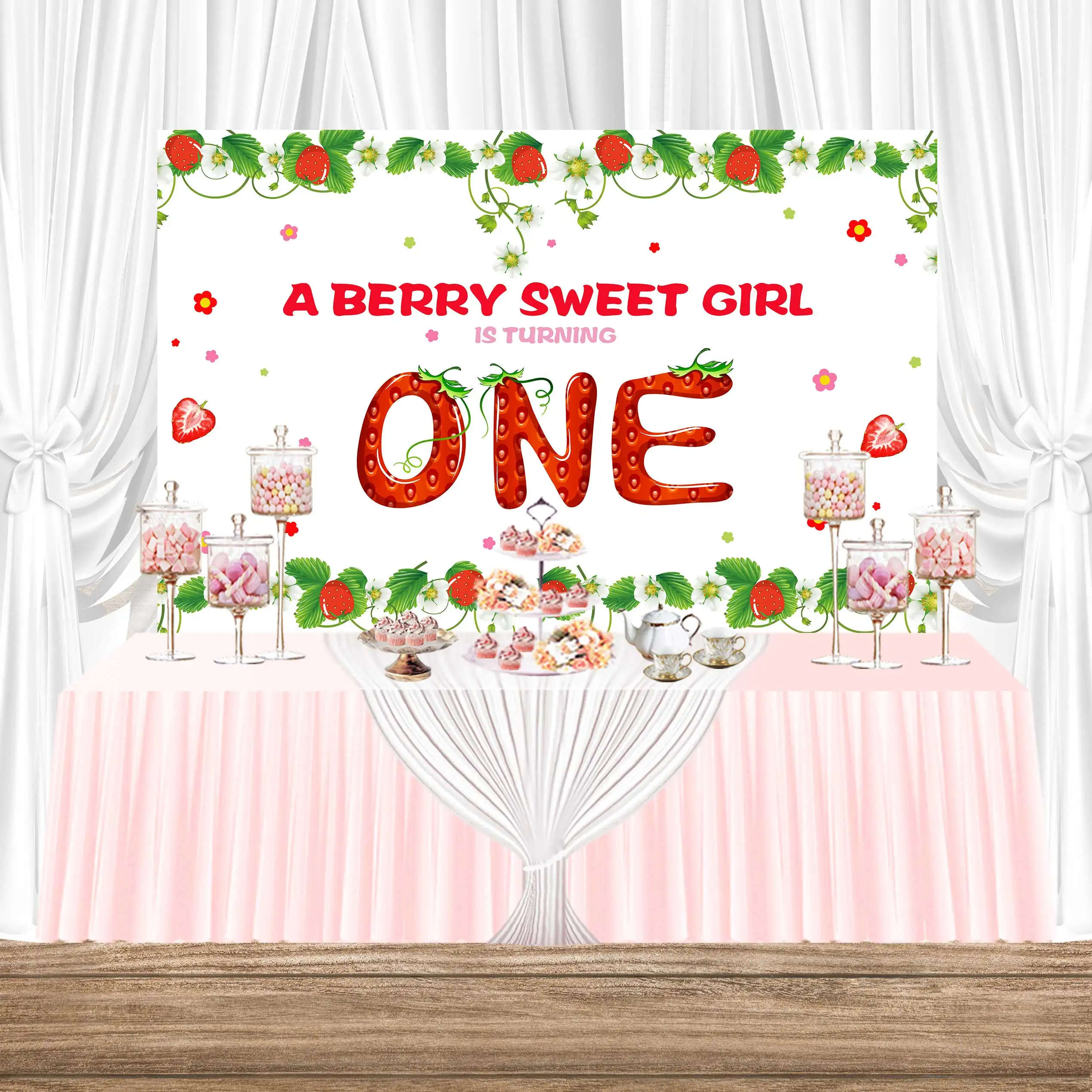 

Baby Shower Backdrop One Year Old Child Customized Red Girl Photo Photography Strawberry Birthday Sweet Fruit Party Background