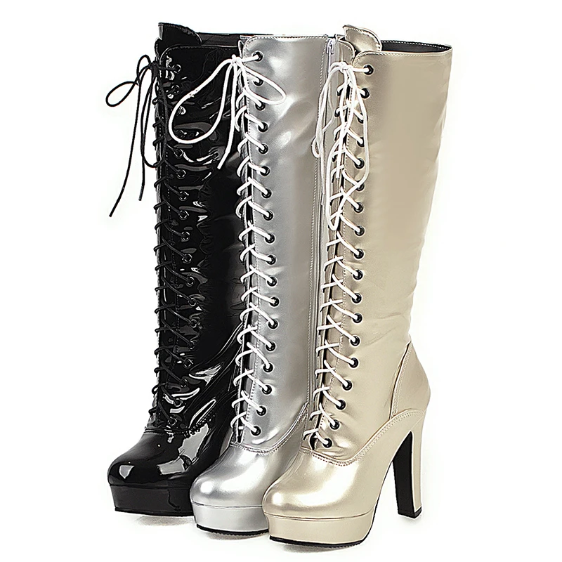 ANMAIRON PU Knee-High Round Toe Boots Women Super High Square Heel Winter shoes Zip Cross-tied Thigh High Boot Solid Short Plush