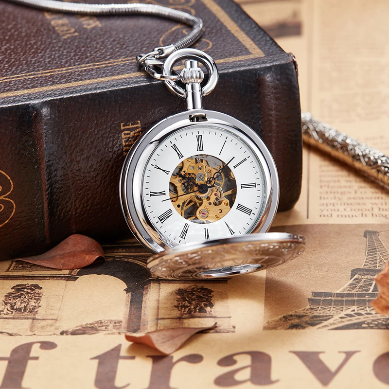 Roman Numeral Luxury Elegant Copper Mechanical Pocket Watch Sliver Case Steampunk Dual Open Skeleton Fob Chain Clock for Men