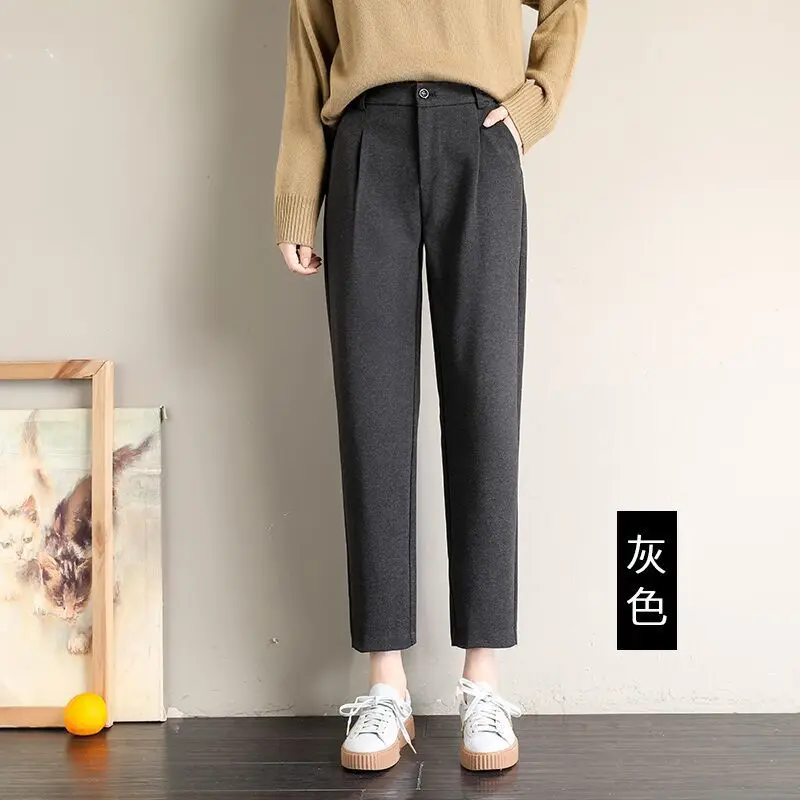 

2021 Autumn Winter Women Solid Harem Pants Lady Pockets Wool Thick Warm High Waist Pants Female Loose Casual Straight Pants K501