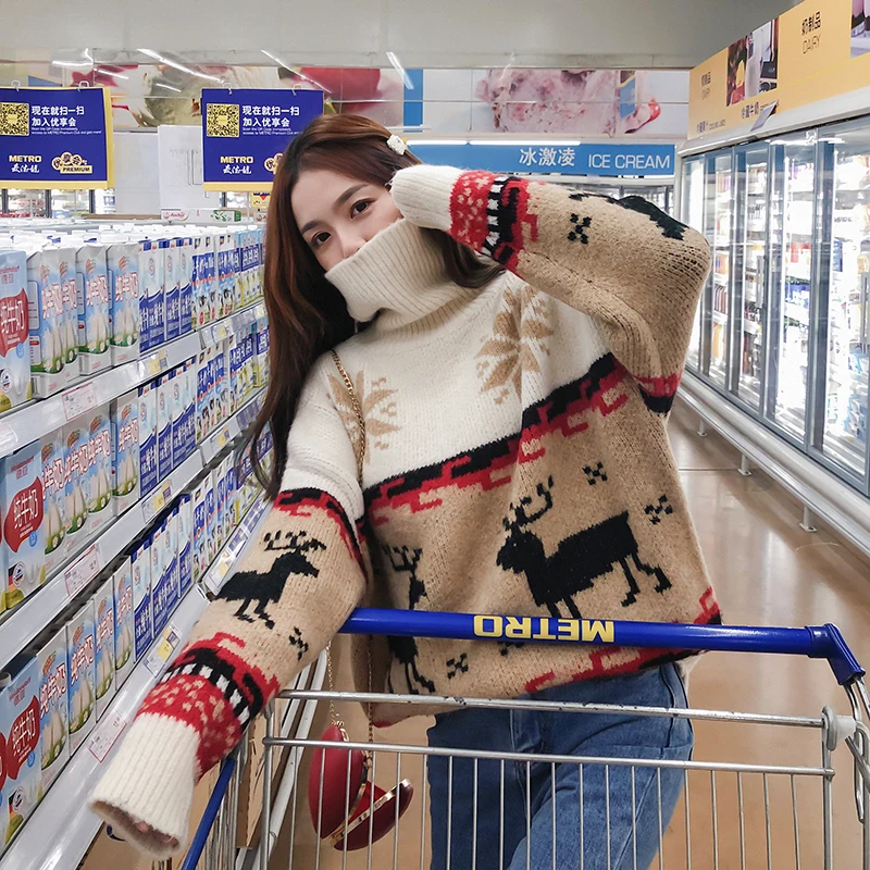 

2021 Autumn And Winter New Sweater Female Students Korean Loose High-necked Hedging Christmas Snowflake Elk Lazy Wind Thickening