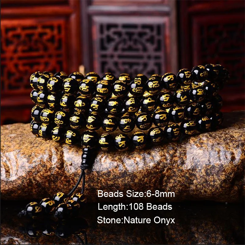 Браслет из натурального красного и черного оникса с бусинами 108 позолоченный