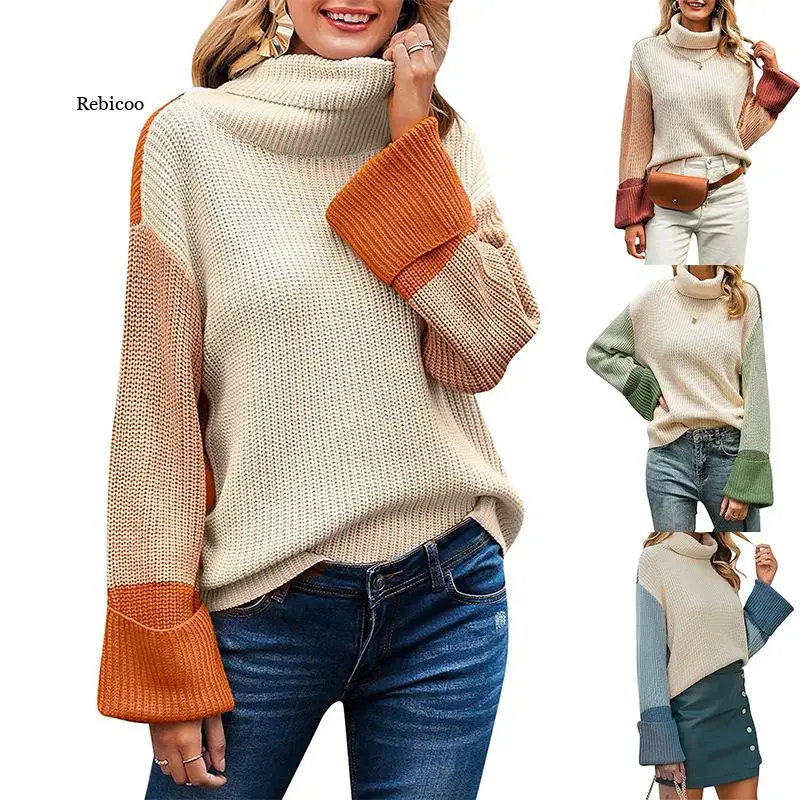 

Patchwork Women's Turtleneck Sweaters and Pullovers Knitwear Roll Sleeve Bohemian Vintage Jumper Tops Sweater Female