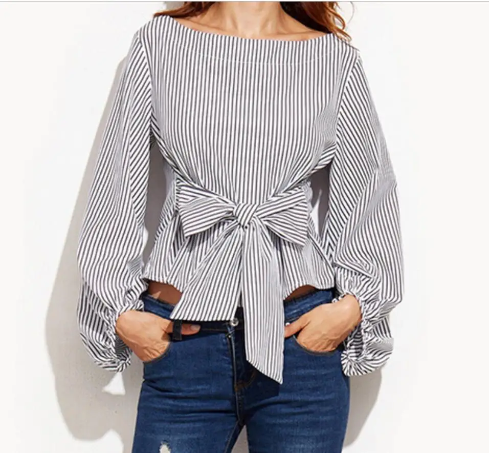 

Women Bowknot Summer Long Sleeve Striped Blouse For Women O neck Tops Shirt 2020 Fashion Dropshipping