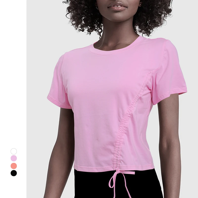 

Short-Sleeved Yoga Shirt Lace Up Drawstring Crop Top Fitness Breathable Running Workout Sweat-aborbing Sports Wear for Women Gym