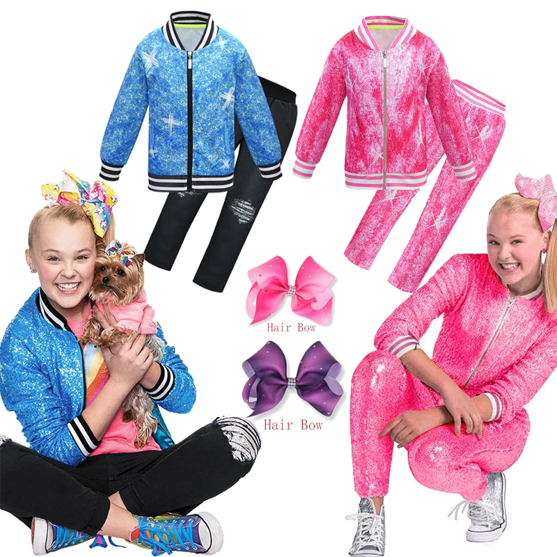 

Lovely Girls Jojo Siwa Clothes Casual Tracksuit Children Zipper Jacket Pants T shirt Hair bow Teen Girls Spring Sport Clothing