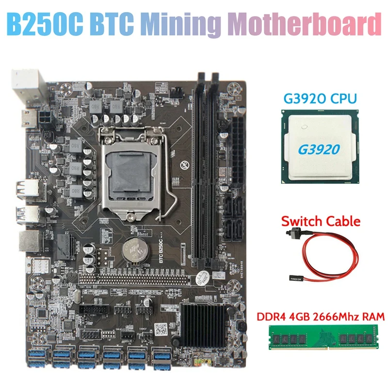

Материнская плата B250C для майнинга BTC с процессором G3920 или G3930 + DDR4 4 Гб 2666 МГц ОЗУ + кабель переключения 12XPCIE на USB3.0 слот для карты LGA1151 для BT