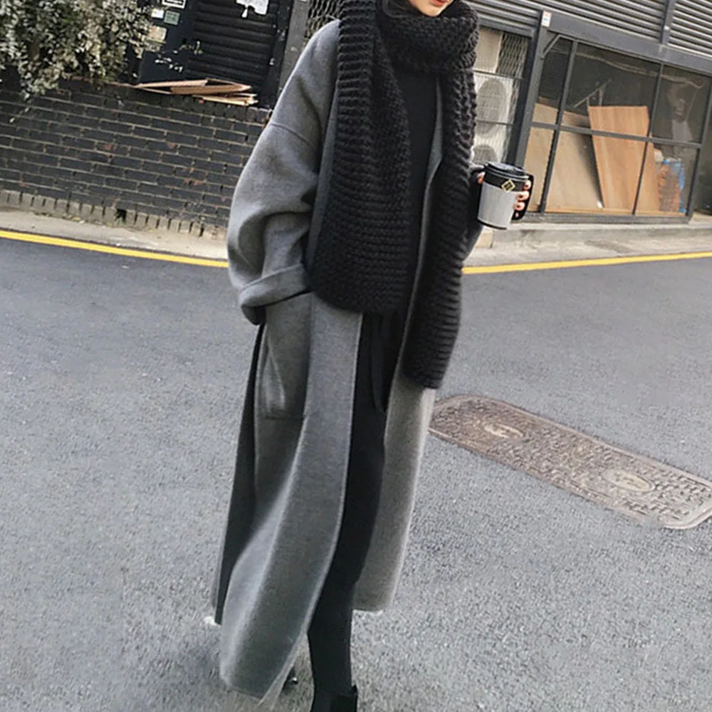 Женское шерстяное корейское офисное элегантное однотонное длинное пальто на