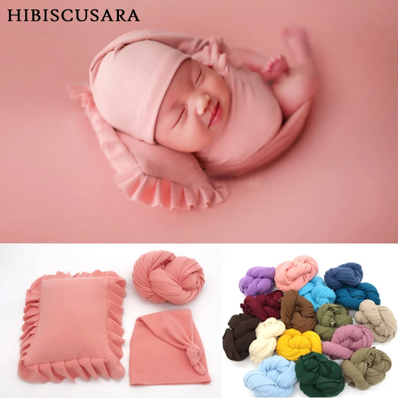 Newborn Baby Photography Wraps 3pcs Set Photo Clothing Costumes Infant Soft Strong Stretch Swaddle Elastic Blanket Hat Pillow