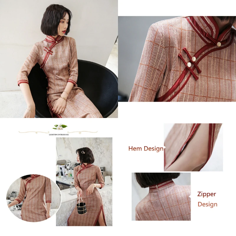 Китайский национальный Ципао платья в клетку пикантное платье средней длины