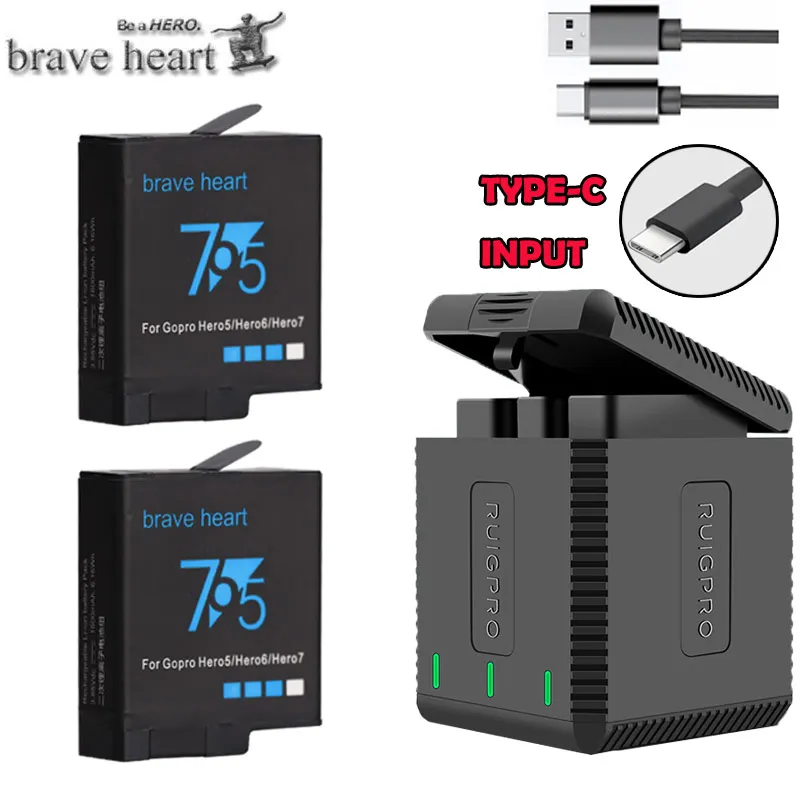 charger and 2battery Полностью декодированный аккумулятор Go pro hero 5 hero 6+ 3 порта type-c зарядное устройство для GoPro Go pro hero 5 6 7 hero 7 black аксессуары для камеры - Цвет: charger and 2battery