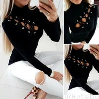 womens lace up eyelet hollow out t shirt ladies long sleeve slim fit blouse sexy lady bikini cover up beachwear
