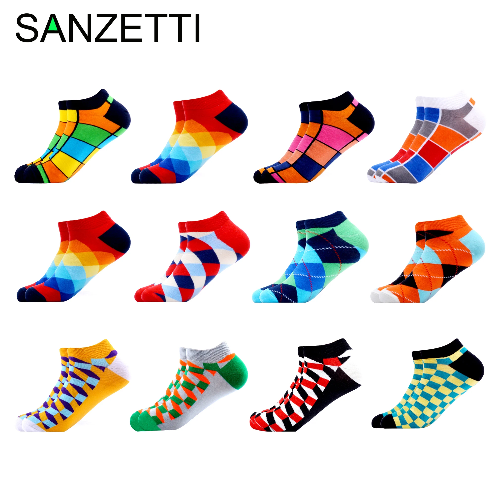 SANZETTI/12 пар/партия, мужские повседневные летние короткие носки, цветные Веселые короткие носки из чесаного хлопка, носки для свадебной вечеринки