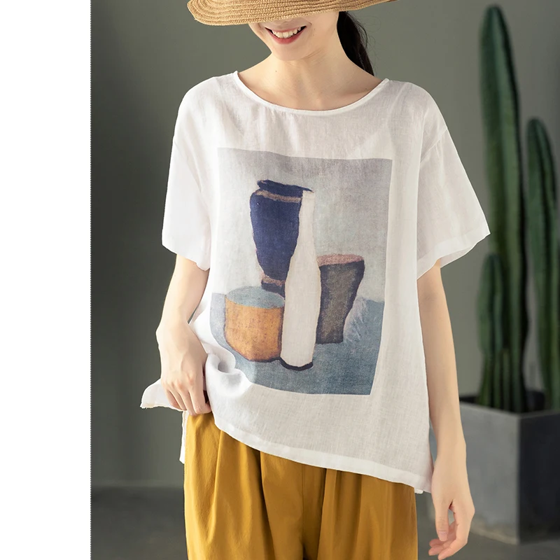 

Женская льняная футболка в стиле ретро, Свободный Топ из хлопка и льна с литературным принтом, Новинка лета 2021
