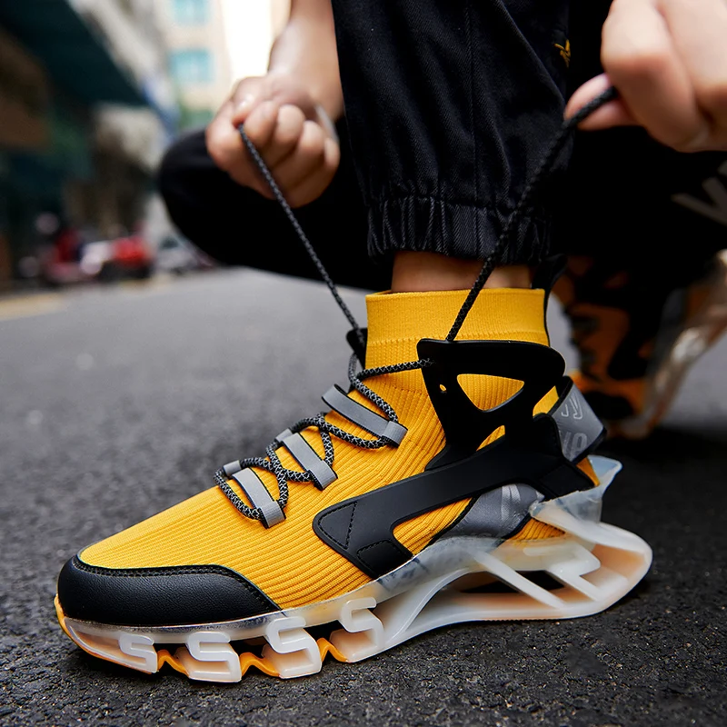 

Running Shoes Men Knit Sock Sneakers Night Reflect Woven Tape Summer Outdoor Sport Breathable Casual Male Trainers Size 39-46