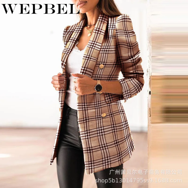 

WEPBEL Ladies Spring Autumn Vintage Woolen Plaid Coat Blazer Women Jackets Female Retro Suits Coat Outerwear