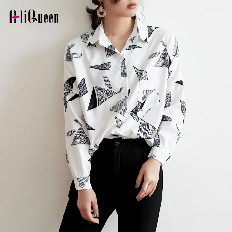Геометрический принт шифоновый женские блузы топы блузка рубашка повседневные