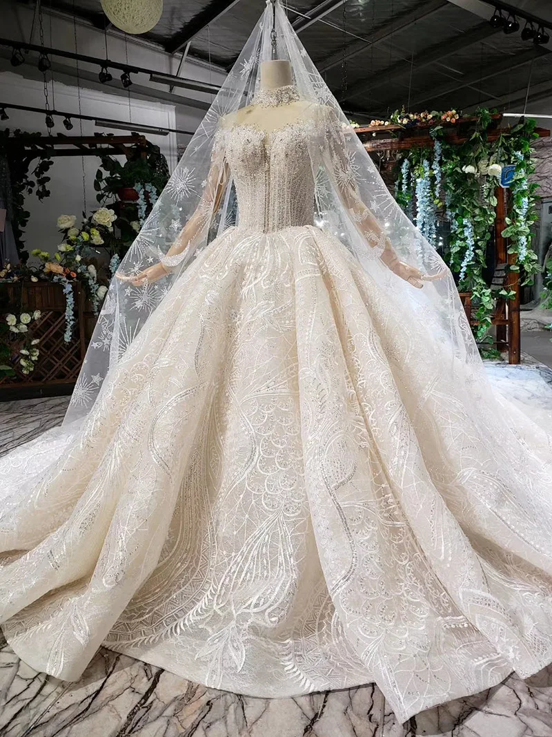 Popodion Wedding Dresses for Women Customized Long Train Plus Size Wedding Dress Luxury Bride Dress WED90608