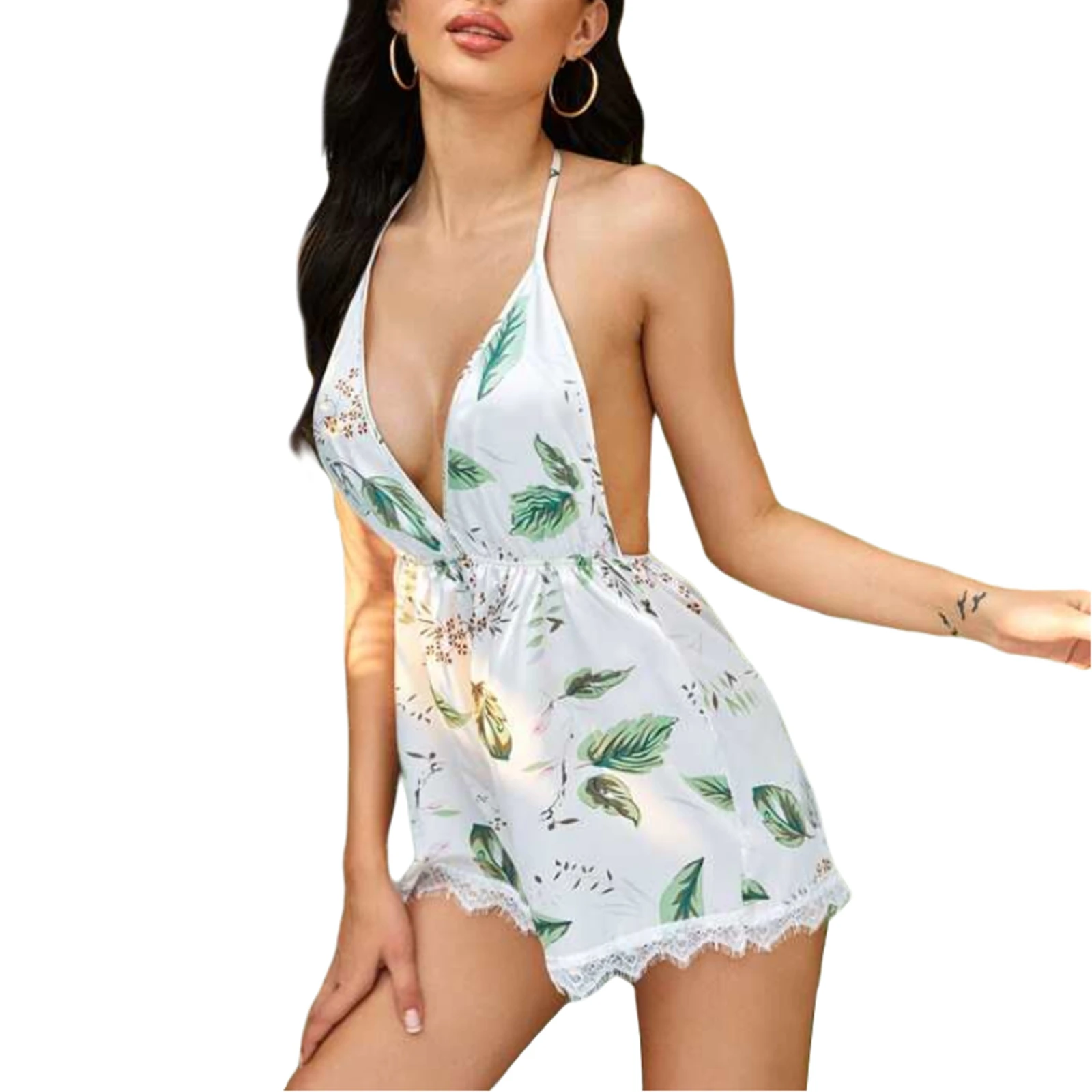 

Womens Sexy Halter Lace-up Lingerie Fashion Leaves Print Backless Flounce Female Bodysuit