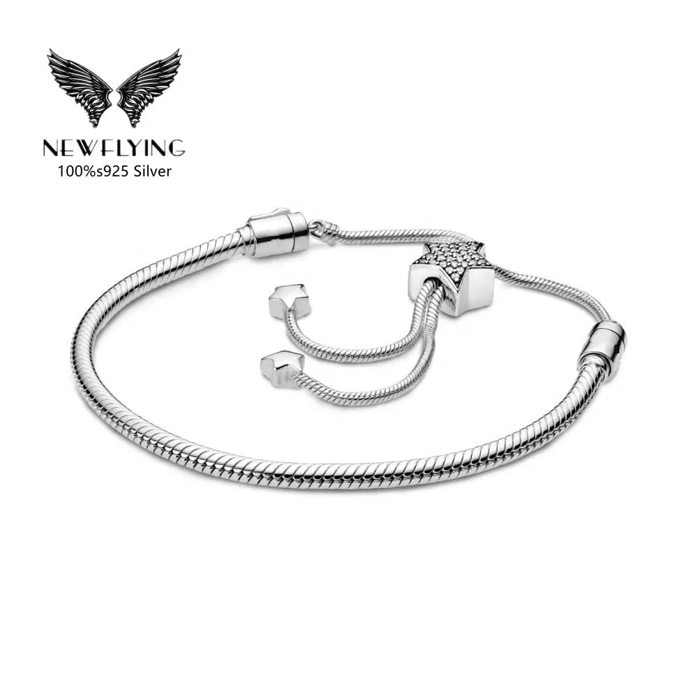 

925 Sterling Silver Moments Moments Pave Star Snake Chain Sliding Bracelet Fit Pand Cubic Zirconia Adjustable for Women