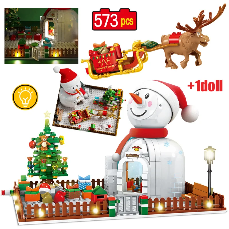

573pcs Led Light City Street View Christmas Snowman Tree House Building Blocks Friends Elk Castle Bricks Toys For Kids Gifts