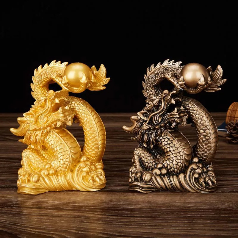 

Resin Lucky Dragon Sculpture Statue Chinese mascot Tamron ornaments Home decoration accessories Gold color and antique copper