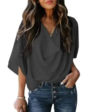 

2021short sleeve shirt.A nine-color, five-size chiffon shirt with a loose v-neck casual shirt
