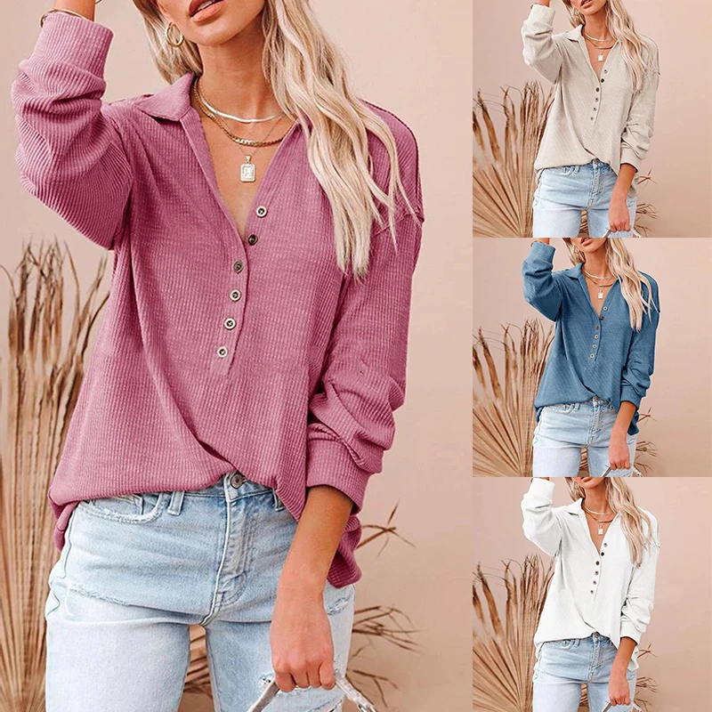 

Women's Long Sleeve T Shirts Solid Color Fashion Simple Tunic Tops Autumn Warm Soft Button Up Casual Plus Size Long Sleeve