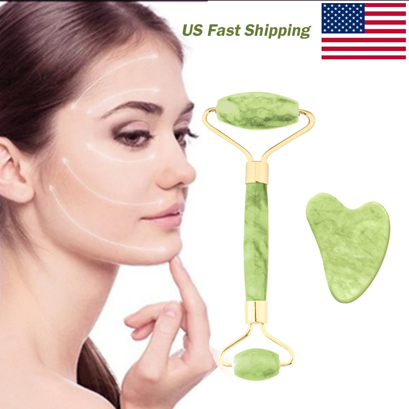 

Набор из 2 нефритовых роликов и массажеров гуаша для лица, нефритовые ролики, инструменты для ухода за кожей лица, натуральный скребок для те...