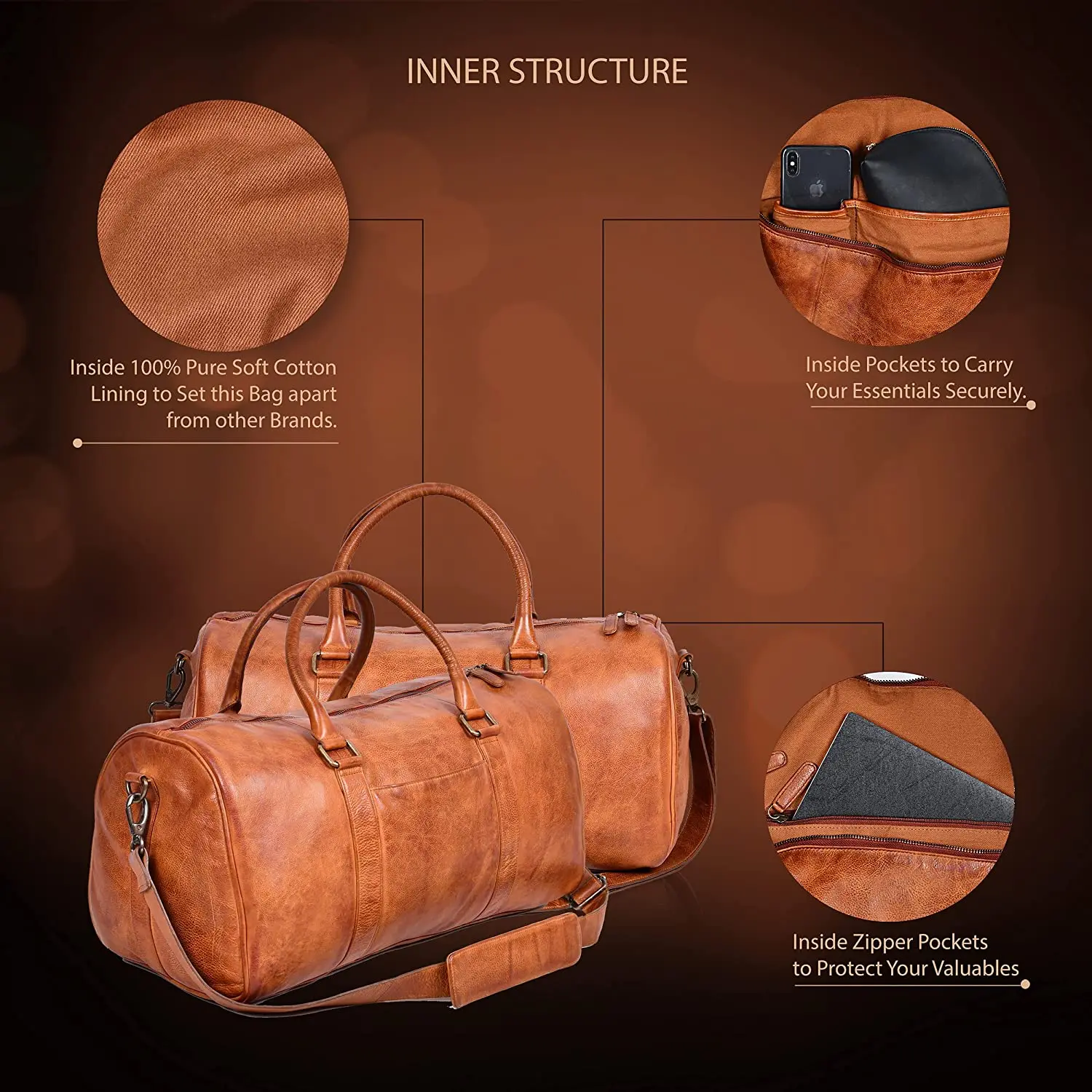 Vintage Leather Luggage Bag Shoulder Weekender Travel Overnight Tan Bag