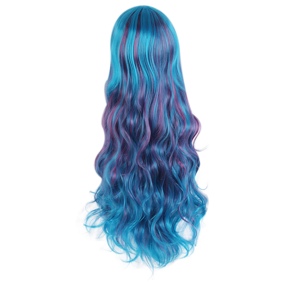 

Harajuku Synthetic Cosplay Wig Curly Blue Mix Purple Hair Women Lolita With Bangs Lady 70CM Long Party Fashion Lady