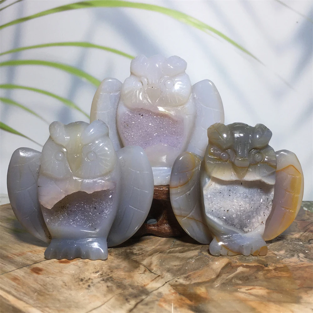 

Natural Gem Agate Geode Crystal Quartz Voog Owl Feng Shui Healing Druzy Mineral Ore Stone Christmas Decoration Collection Gift