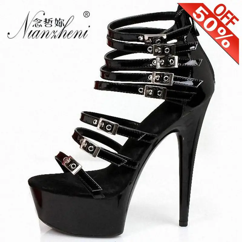 

Novelty Cross dressing Roman Hollow Belt buckle Women's sandals 15cm Stiletto heels 6 inches Thick platform Nightclub Pole Dance