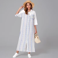 2022 new summer maxi shirt dress women white patchwork blue vertical stripe buttons 34 sleeve loose office lady casual robes