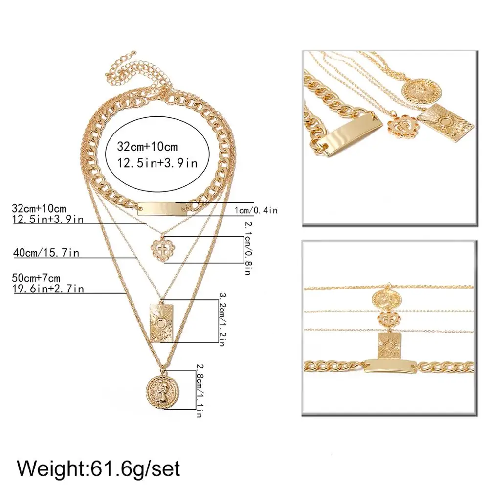 

Lacteo 4Pcs/set Vintage Carved Coin Love Heart Pendant Necklace for Women Fashion Multi Layered Fine Twist Chain Choker Necklace