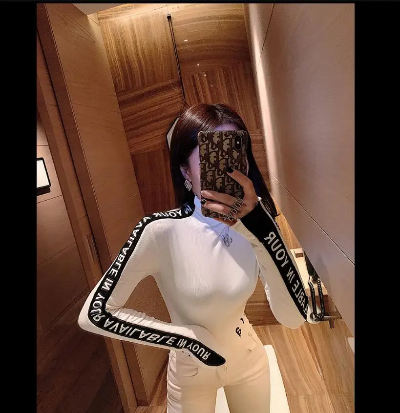 Осенне-зимняя женская Вельветовая эластичная футболка с высоким воротником и