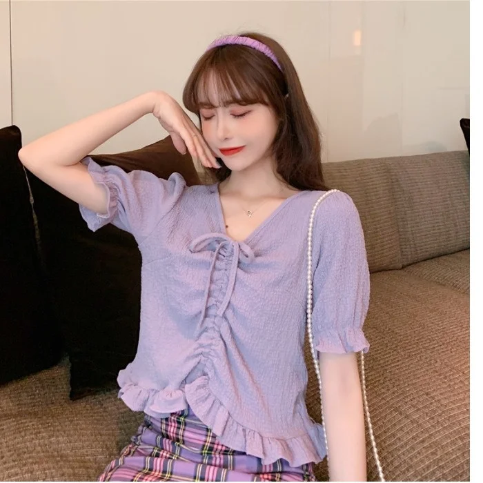 

Large Size Short Sleeve 2021summer New Women's Sexy Slimming Cropped T-shirt Women's Loose Belly-Covering Meat Chiffon Shirt