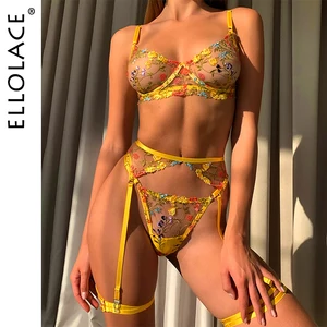 Ellolace Lingerie Sensual Lace Underwear Transparent Embroidery 3-Piece Garters Fancy Beautiful Shor