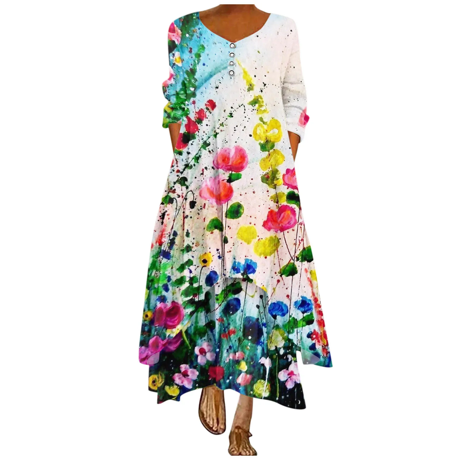 

Elegant Women Floral Print Vintage A Line Long Dress Winter O Neck Chic Party Maxi Dress Plus Size Robe Femme Женское Платье