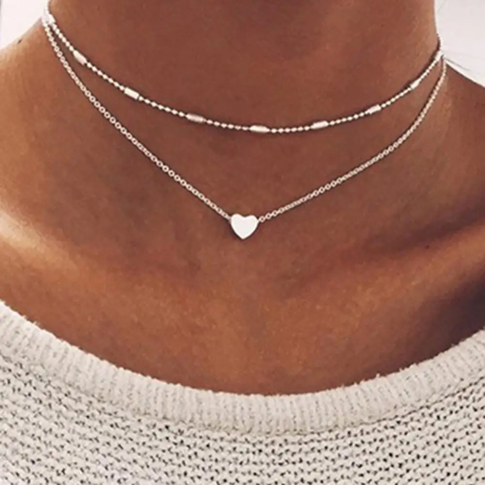 

2Pcs/Set Necklace Exquisite Double Layers Alloy Heart Love Ball Chain for Dating Neck Chain Clavicle Chain Necklace Pendant