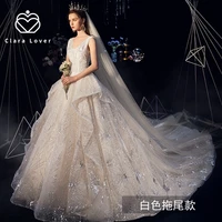 starry sky wedding dress 2021 new french bride shoulders champagne sesen super fairy long tail shows thin