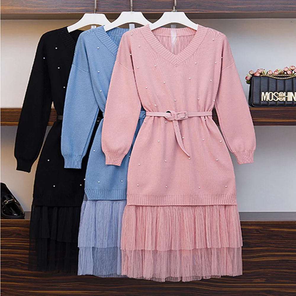 Большие размеры новинка 2019 осенне-зимний вязаный комплект из 2 предметов женские