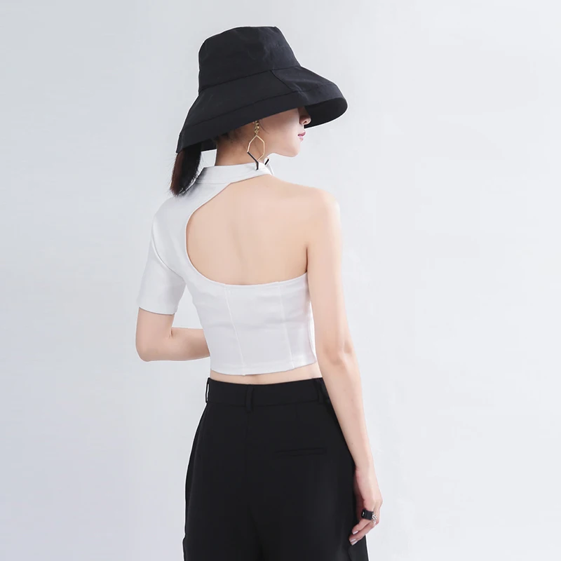 Off-the-shoulder High-waisted Short T-shirt Tide Niche Design Velcro Small Collar Knockout Unilateral Sleeve Female O-neck | Женская