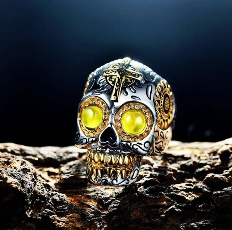Кольцо мужское механическое с желтым цирконом готический крест глаз череп в