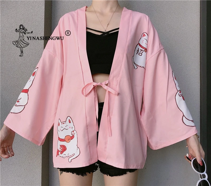 Japan Kimono Lucky Cat Printed Cardigan Cosplay Female Loose Dragon Tops Casual Coat Yukata Women Asian Clothing New | Тематическая