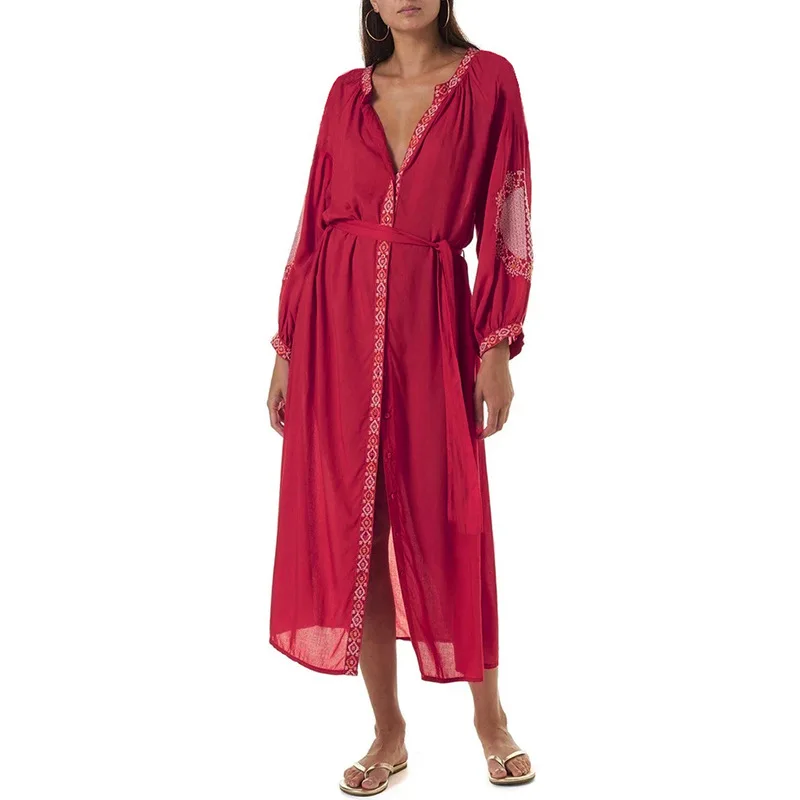 Женское винтажное пляжное платье TEELYNN красное Хлопковое с цветочной вышивкой и